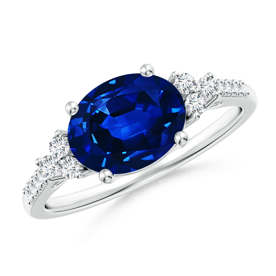 9x7mm AAAA Horizontally Set Oval Sapphire Solitaire Ring with Trio Diamond Accents in P950 Platinum 