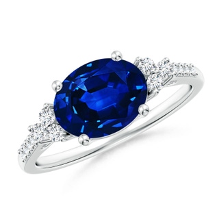 9x7mm AAAA Horizontally Set Oval Sapphire Solitaire Ring with Trio Diamond Accents in White Gold