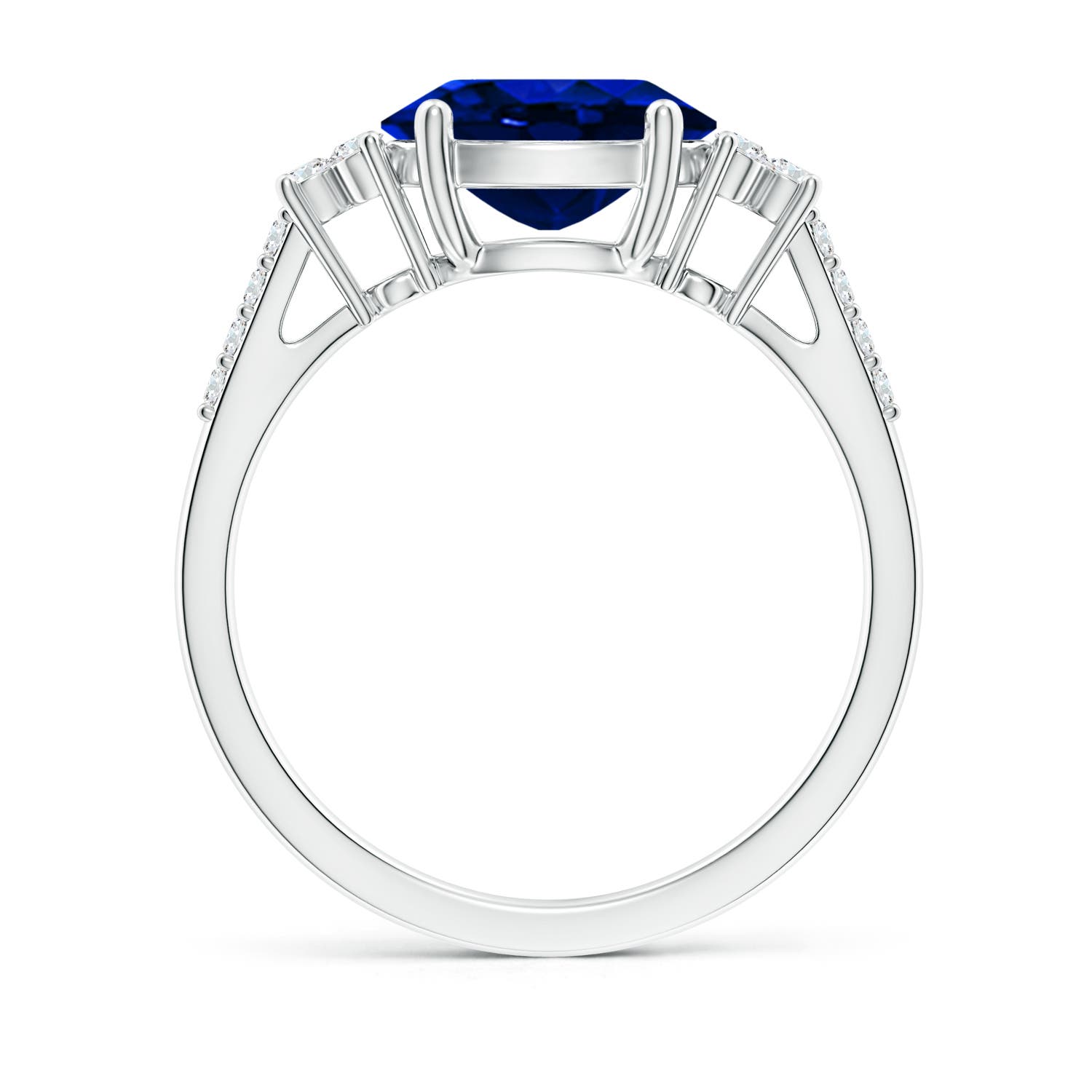 9x7mm AAAA Horizontally Set Oval Sapphire Solitaire Ring with Trio Diamond Accents in White Gold