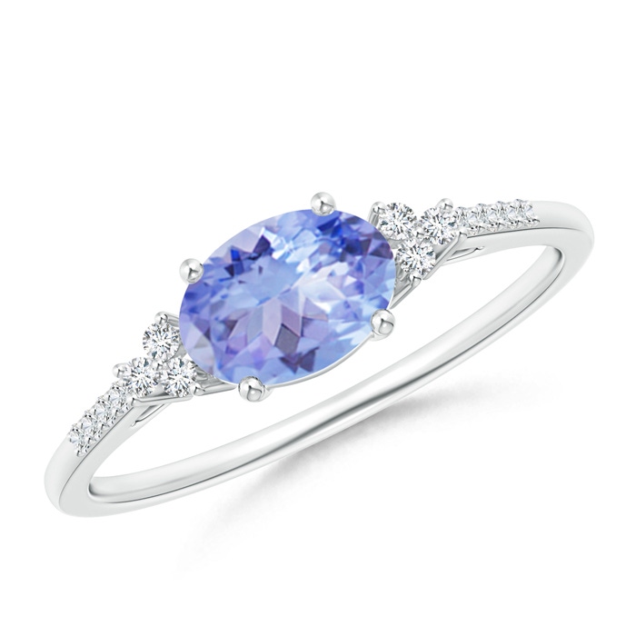 7x5mm A Horizontally Set Oval Tanzanite Solitaire Ring with Trio Diamond Accents in 9K White Gold 