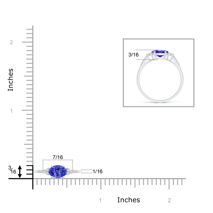 7x5mm AAA Horizontally Set Oval Tanzanite Solitaire Ring with Trio Diamond Accents in White Gold ruler