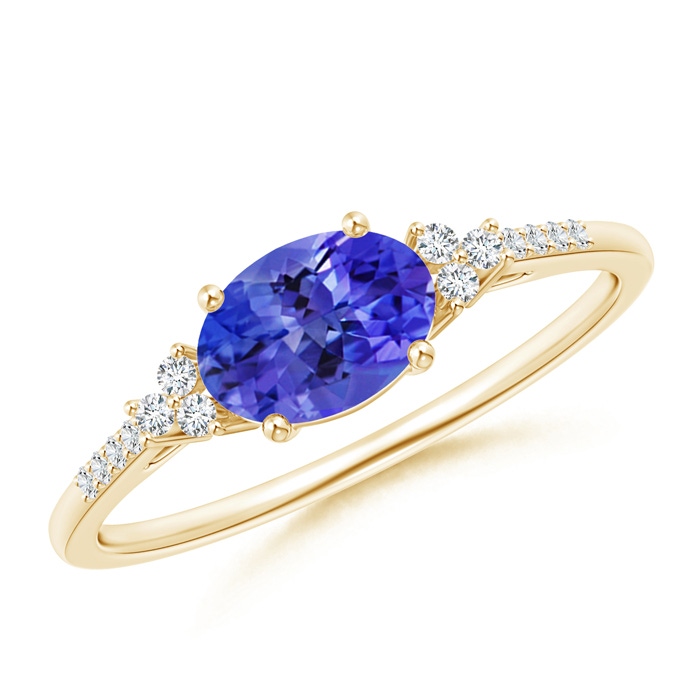7x5mm AAA Horizontally Set Oval Tanzanite Solitaire Ring with Trio Diamond Accents in Yellow Gold 
