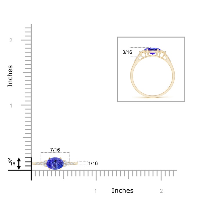 7x5mm AAA Horizontally Set Oval Tanzanite Solitaire Ring with Trio Diamond Accents in Yellow Gold ruler