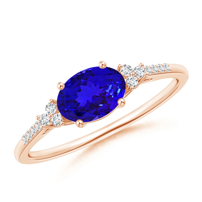 7x5mm AAAA Horizontally Set Oval Tanzanite Solitaire Ring with Trio Diamond Accents in Rose Gold
