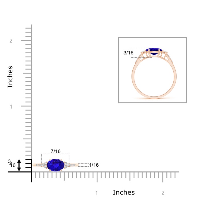 7x5mm AAAA Horizontally Set Oval Tanzanite Solitaire Ring with Trio Diamond Accents in Rose Gold ruler
