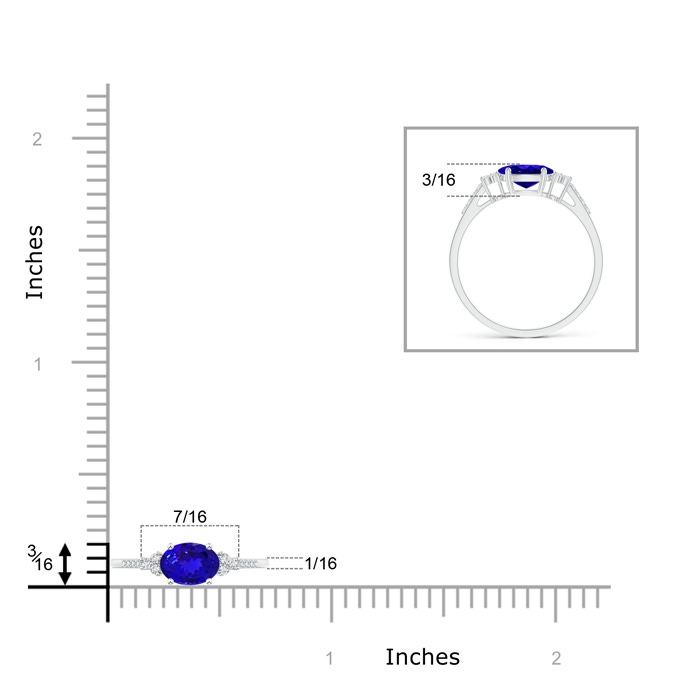 7x5mm AAAA Horizontally Set Oval Tanzanite Solitaire Ring with Trio Diamond Accents in White Gold ruler