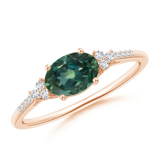 7x5mm AA Horizontally Set Oval Teal Montana Sapphire Ring with Diamonds in 9K Rose Gold