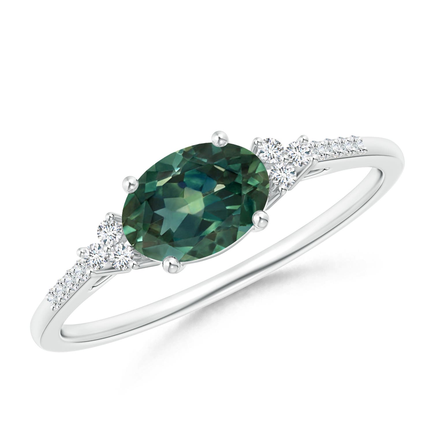 7x5mm AA Horizontally Set Oval Teal Montana Sapphire Ring with Diamonds in White Gold