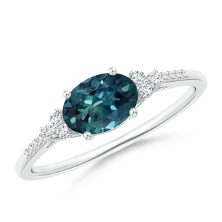 7x5mm AAA Horizontally Set Oval Teal Montana Sapphire Ring with Diamonds in 9K White Gold