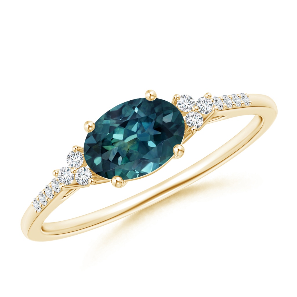 7x5mm AAA Horizontally Set Oval Teal Montana Sapphire Ring with Diamonds in Yellow Gold