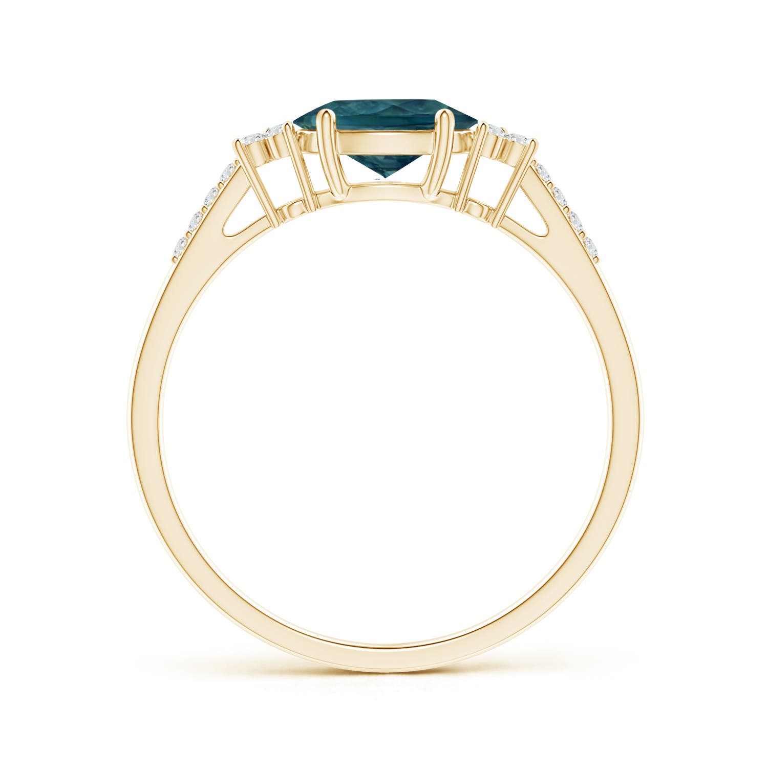 7x5mm AAA Horizontally Set Oval Teal Montana Sapphire Ring with Diamonds in Yellow Gold - side 1