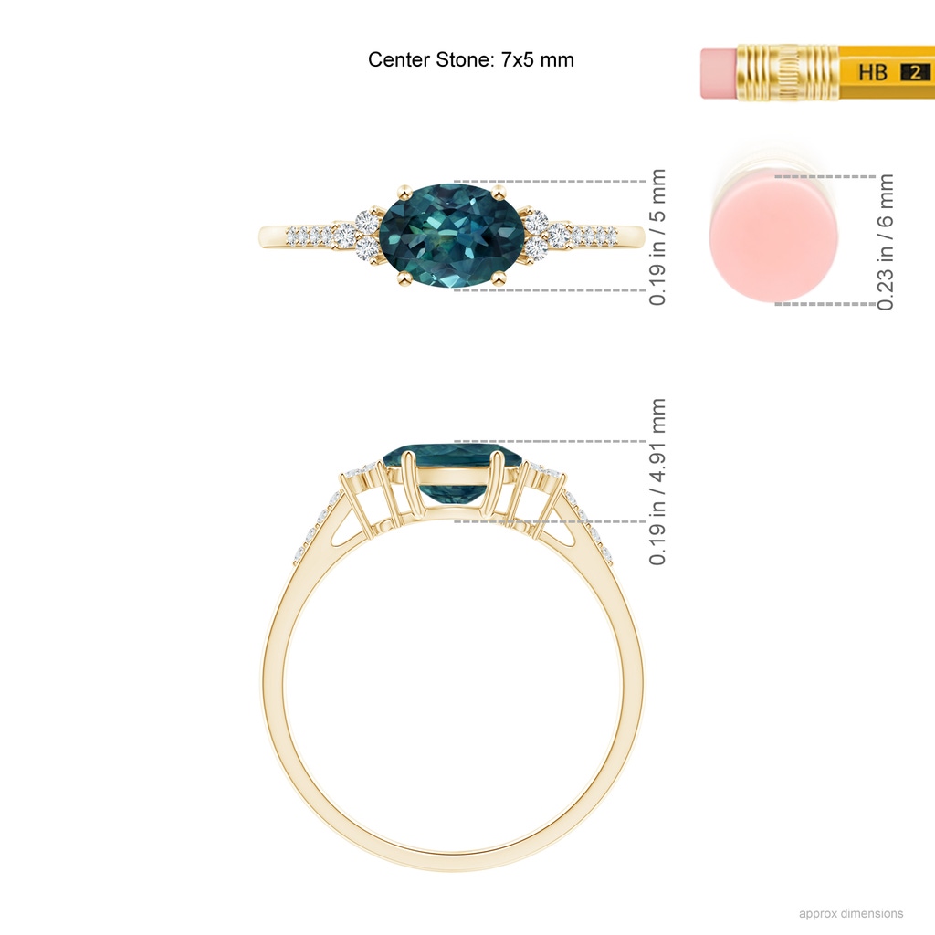 7x5mm AAA Horizontally Set Oval Teal Montana Sapphire Ring with Diamonds in Yellow Gold Ruler