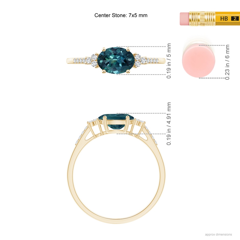 7x5mm AAA Horizontally Set Oval Teal Montana Sapphire Ring with Diamonds in Yellow Gold ruler