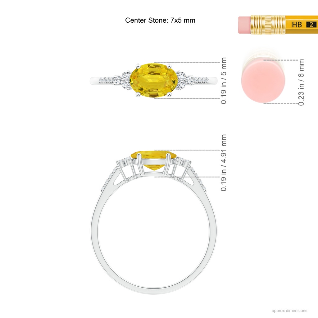 7x5mm AAA Horizontally Set Oval Yellow Sapphire Ring with Diamonds in White Gold Ruler