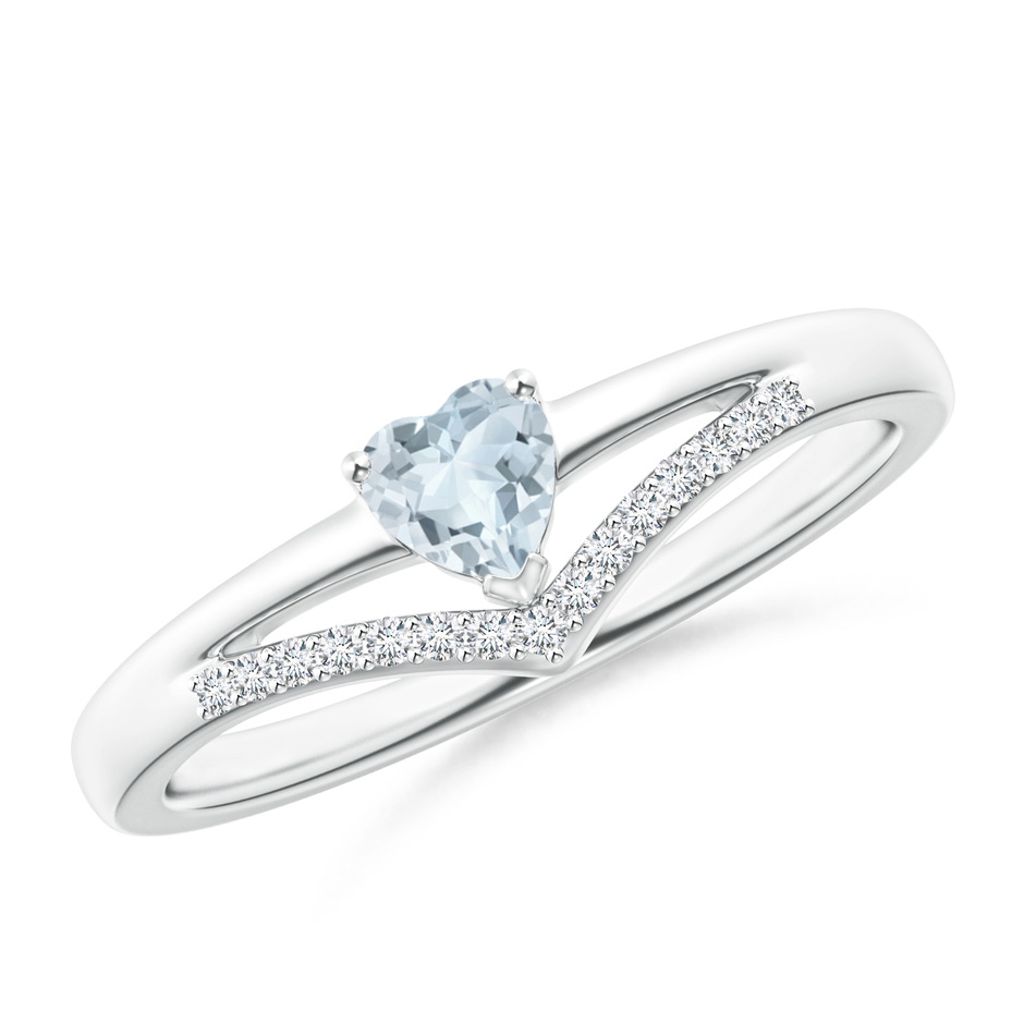 4mm A Solitaire Heart Aquamarine and Diamond Chevron Ring in White Gold 