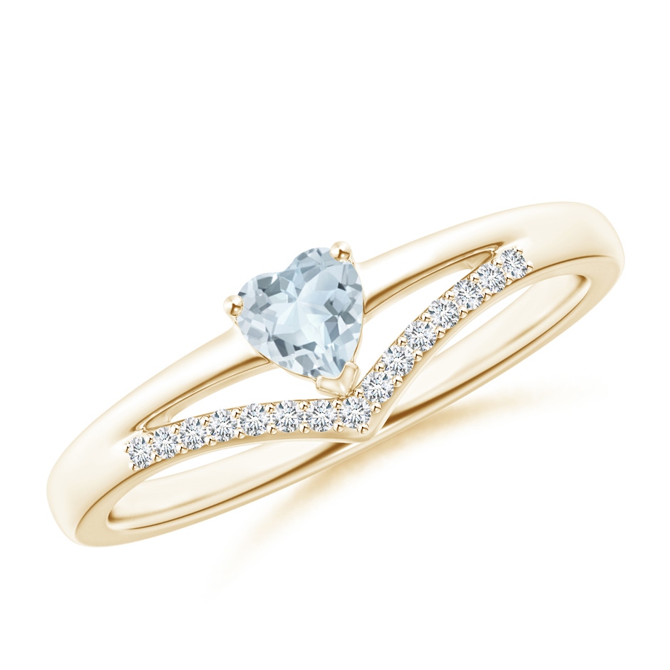 4mm A Solitaire Heart Aquamarine and Diamond Chevron Ring in Yellow Gold 