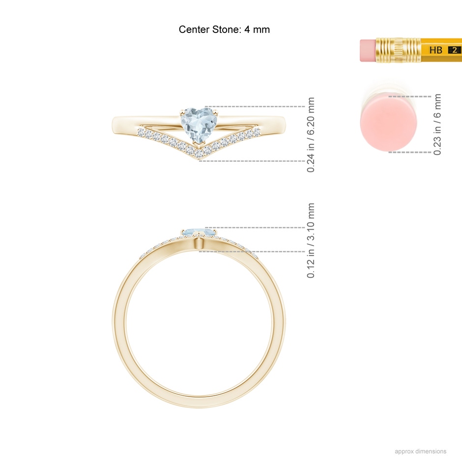4mm A Solitaire Heart Aquamarine and Diamond Chevron Ring in Yellow Gold ruler