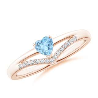 4mm AAA Solitaire Heart Aquamarine and Diamond Chevron Ring in Rose Gold