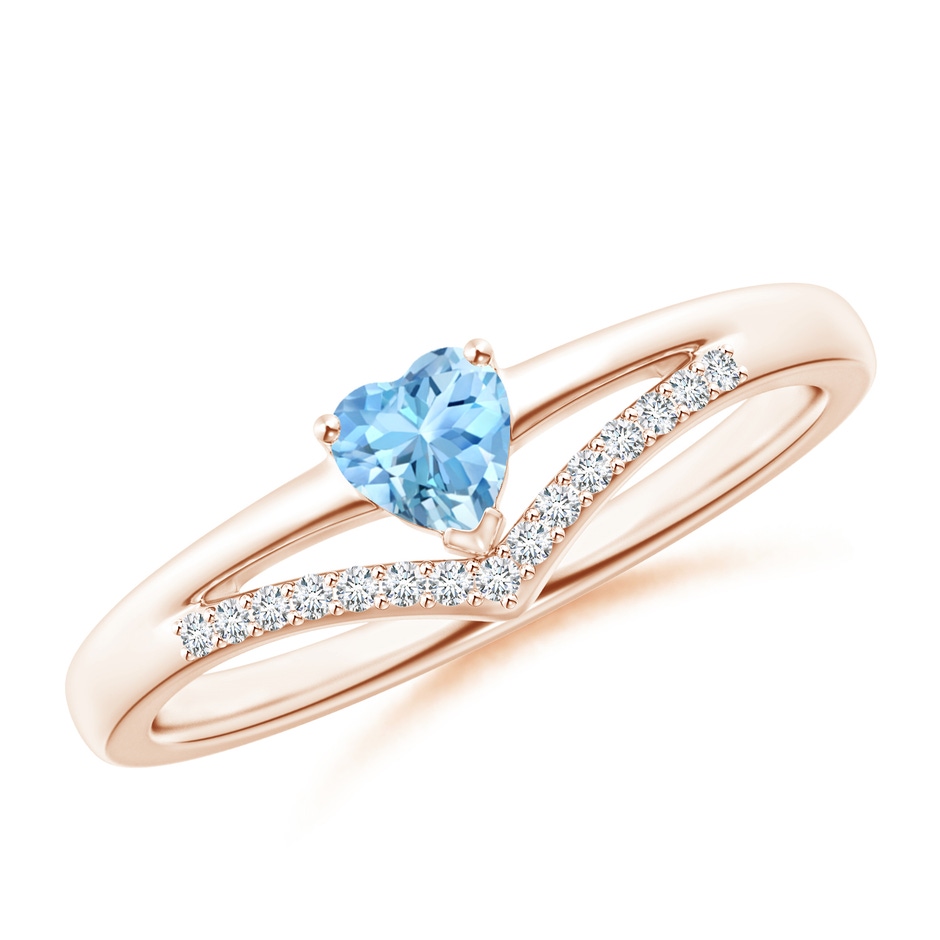 4mm AAAA Solitaire Heart Aquamarine and Diamond Chevron Ring in Rose Gold 