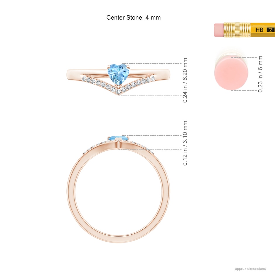 4mm AAAA Solitaire Heart Aquamarine and Diamond Chevron Ring in Rose Gold ruler