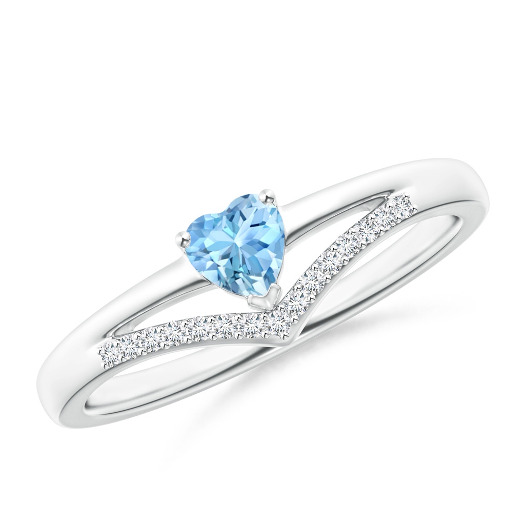 4mm AAAA Solitaire Heart Aquamarine and Diamond Chevron Ring in S999 Silver