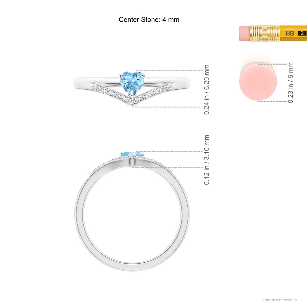 4mm AAAA Solitaire Heart Aquamarine and Diamond Chevron Ring in S999 Silver Ruler