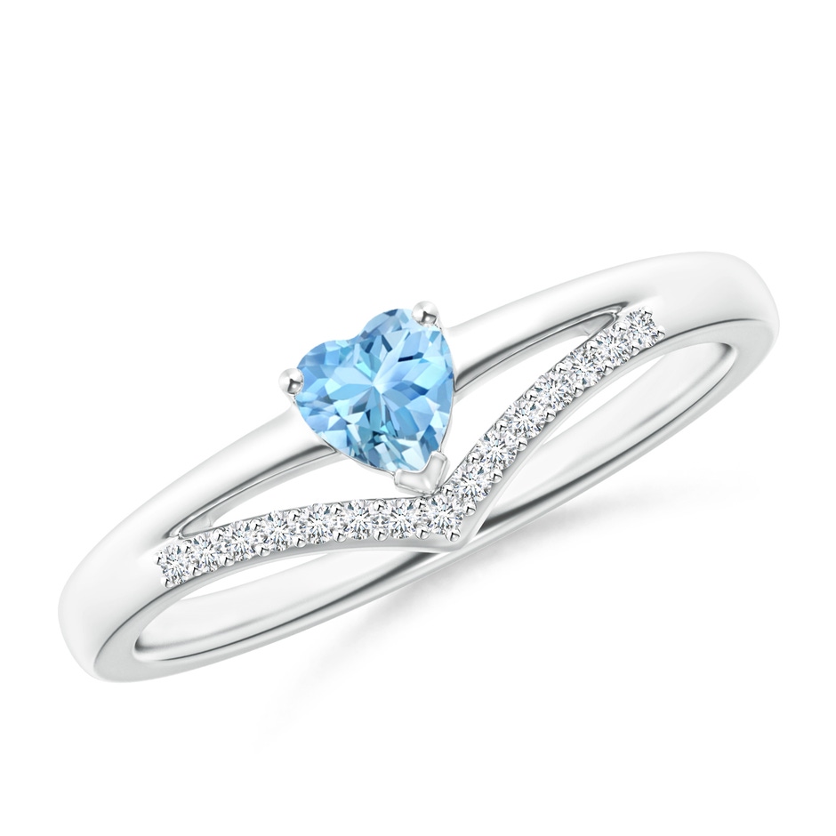4mm AAAA Solitaire Heart Aquamarine and Diamond Chevron Ring in White Gold 