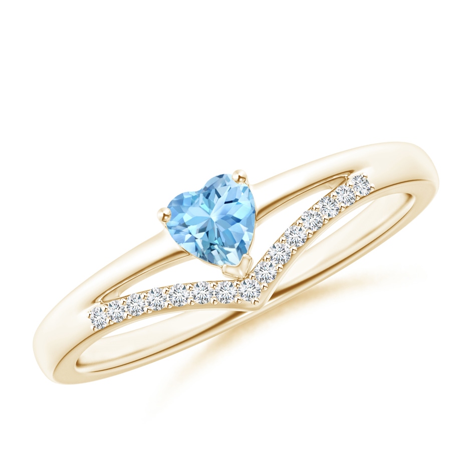 4mm AAAA Solitaire Heart Aquamarine and Diamond Chevron Ring in Yellow Gold 