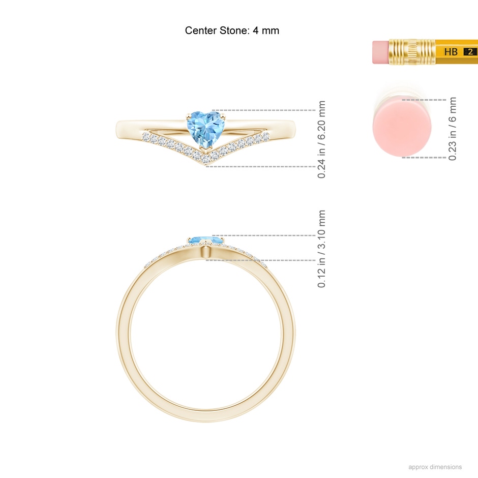 4mm AAAA Solitaire Heart Aquamarine and Diamond Chevron Ring in Yellow Gold ruler