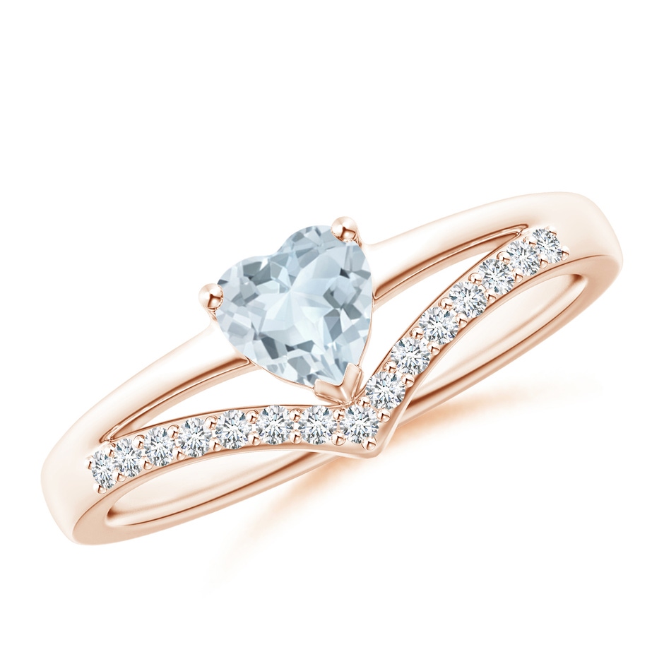 5mm A Solitaire Heart Aquamarine and Diamond Chevron Ring in Rose Gold 