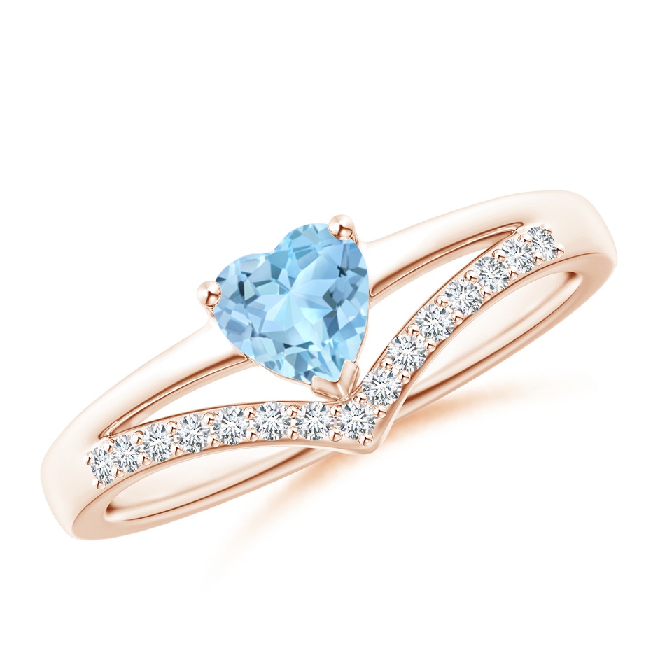 5mm AAA Solitaire Heart Aquamarine and Diamond Chevron Ring in Rose Gold 