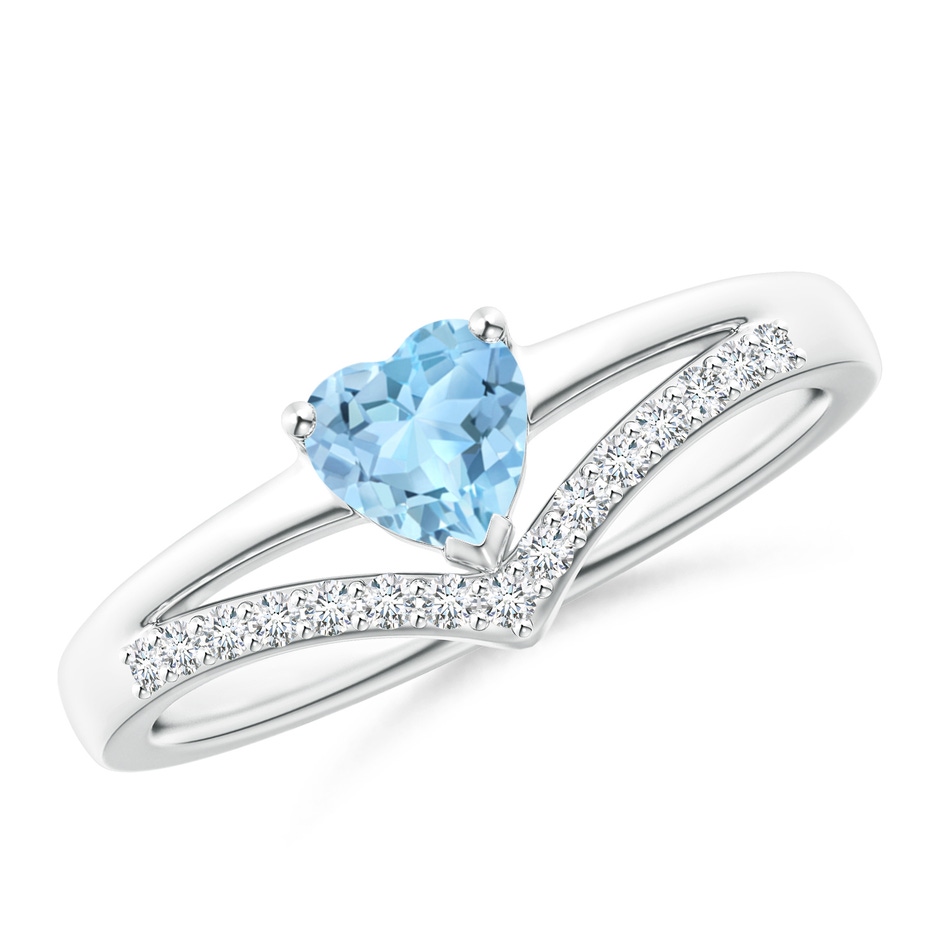 5mm AAA Solitaire Heart Aquamarine and Diamond Chevron Ring in White Gold 
