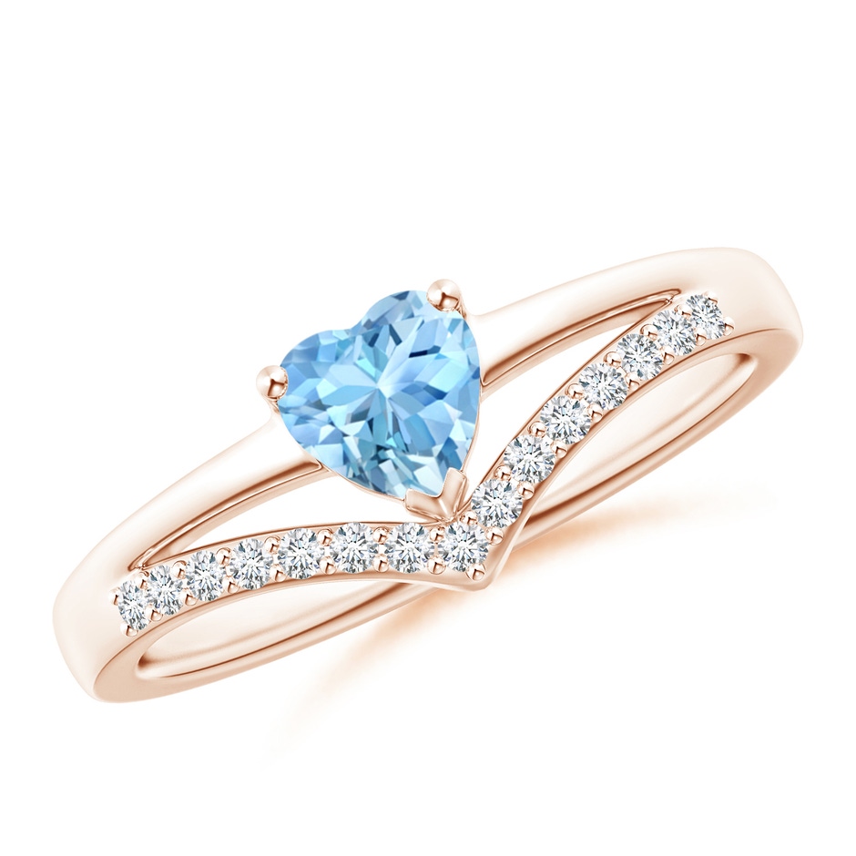 5mm AAAA Solitaire Heart Aquamarine and Diamond Chevron Ring in Rose Gold 
