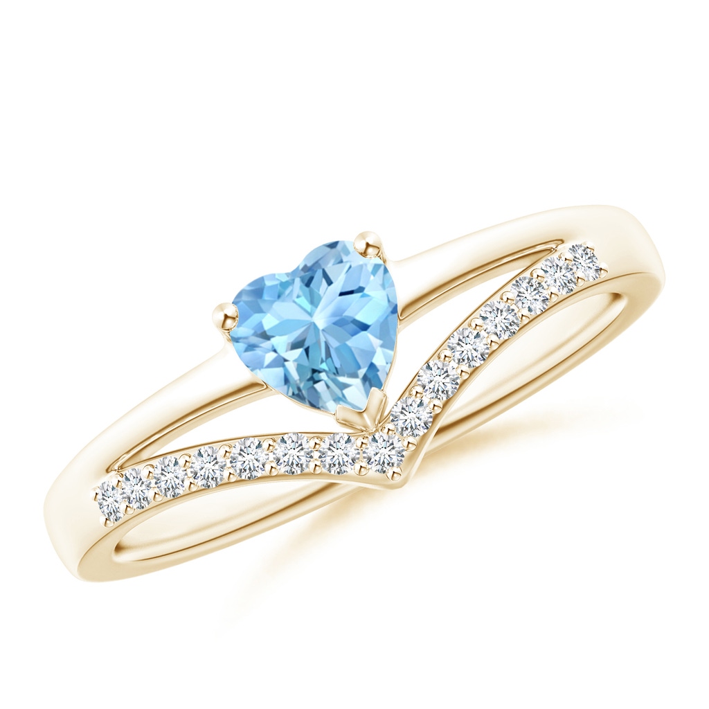 5mm AAAA Solitaire Heart Aquamarine and Diamond Chevron Ring in Yellow Gold