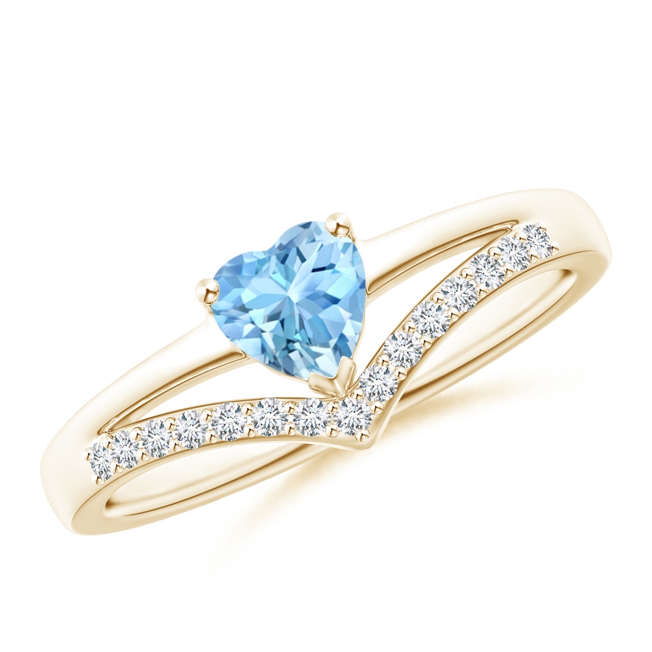 5mm AAAA Solitaire Heart Aquamarine and Diamond Chevron Ring in Yellow Gold 