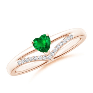 4mm AAAA Solitaire Heart Emerald and Diamond Chevron Ring in Rose Gold