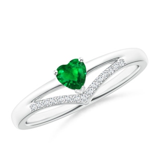 4mm AAAA Solitaire Heart Emerald and Diamond Chevron Ring in White Gold
