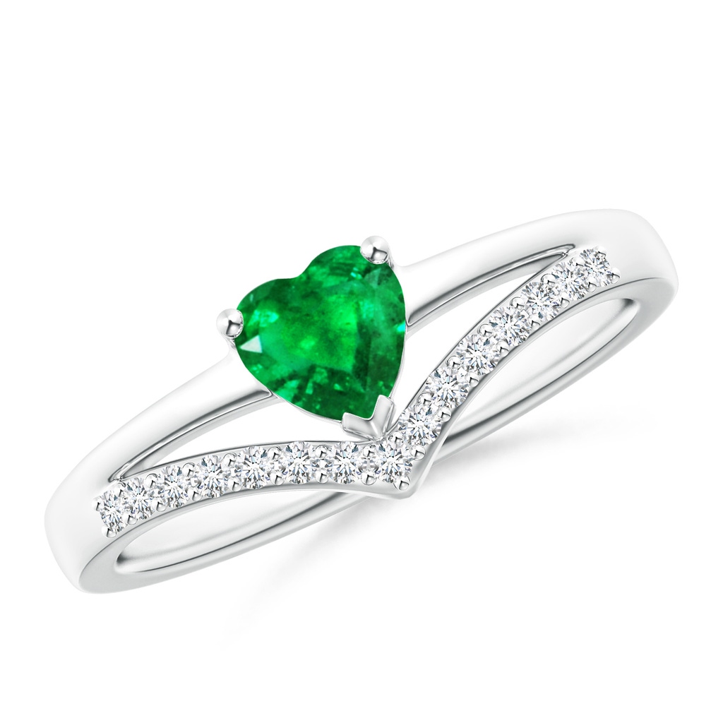 5mm AAA Solitaire Heart Emerald and Diamond Chevron Ring in White Gold