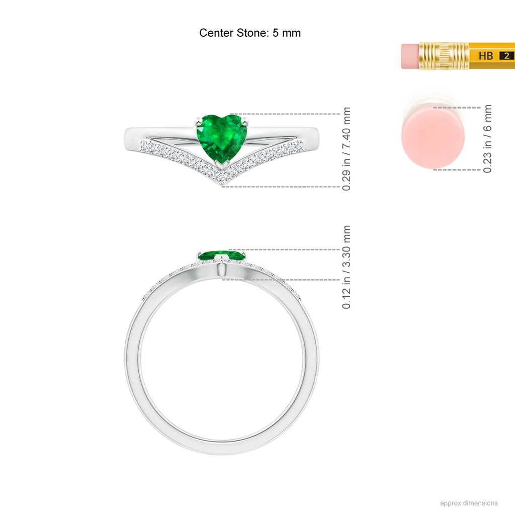 5mm AAA Solitaire Heart Emerald and Diamond Chevron Ring in White Gold ruler