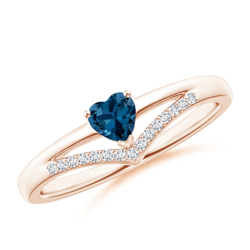 4mm AAA Solitaire Heart London Blue Topaz and Diamond Chevron Ring in Rose Gold