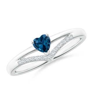 4mm AAA Solitaire Heart London Blue Topaz and Diamond Chevron Ring in White Gold