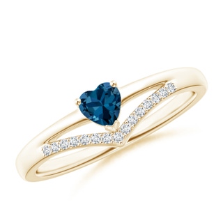 4mm AAA Solitaire Heart London Blue Topaz and Diamond Chevron Ring in Yellow Gold
