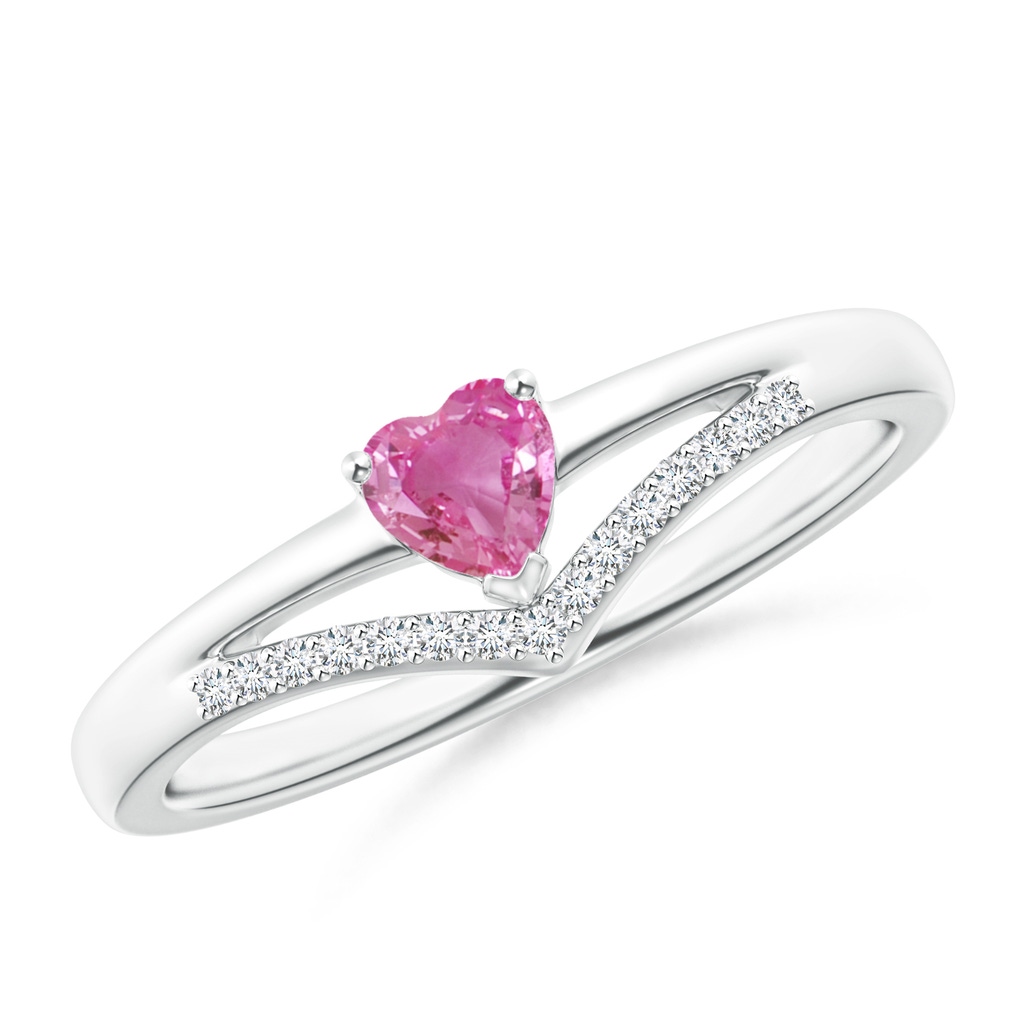 4mm AAA Solitaire Heart Pink Sapphire and Diamond Chevron Ring in White Gold