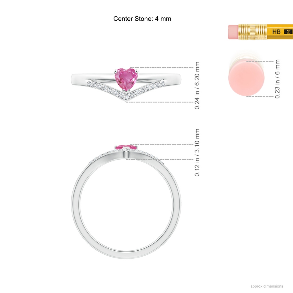 4mm AAA Solitaire Heart Pink Sapphire and Diamond Chevron Ring in White Gold Ruler