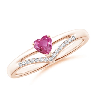 4mm AAAA Solitaire Heart Pink Sapphire and Diamond Chevron Ring in Rose Gold