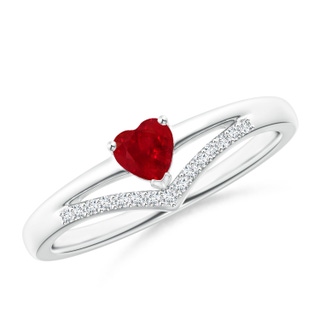 4mm AAA Solitaire Heart Ruby and Diamond Chevron Ring in White Gold