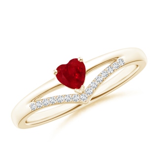 4mm AAA Solitaire Heart Ruby and Diamond Chevron Ring in Yellow Gold