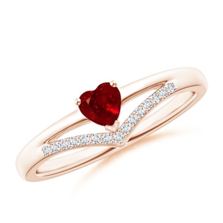4mm AAAA Solitaire Heart Ruby and Diamond Chevron Ring in 10K Rose Gold