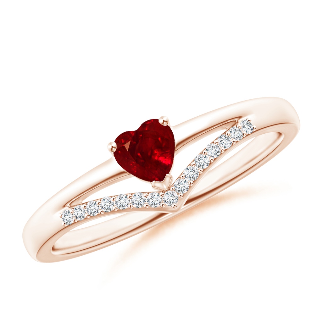 4mm AAAA Solitaire Heart Ruby and Diamond Chevron Ring in Rose Gold