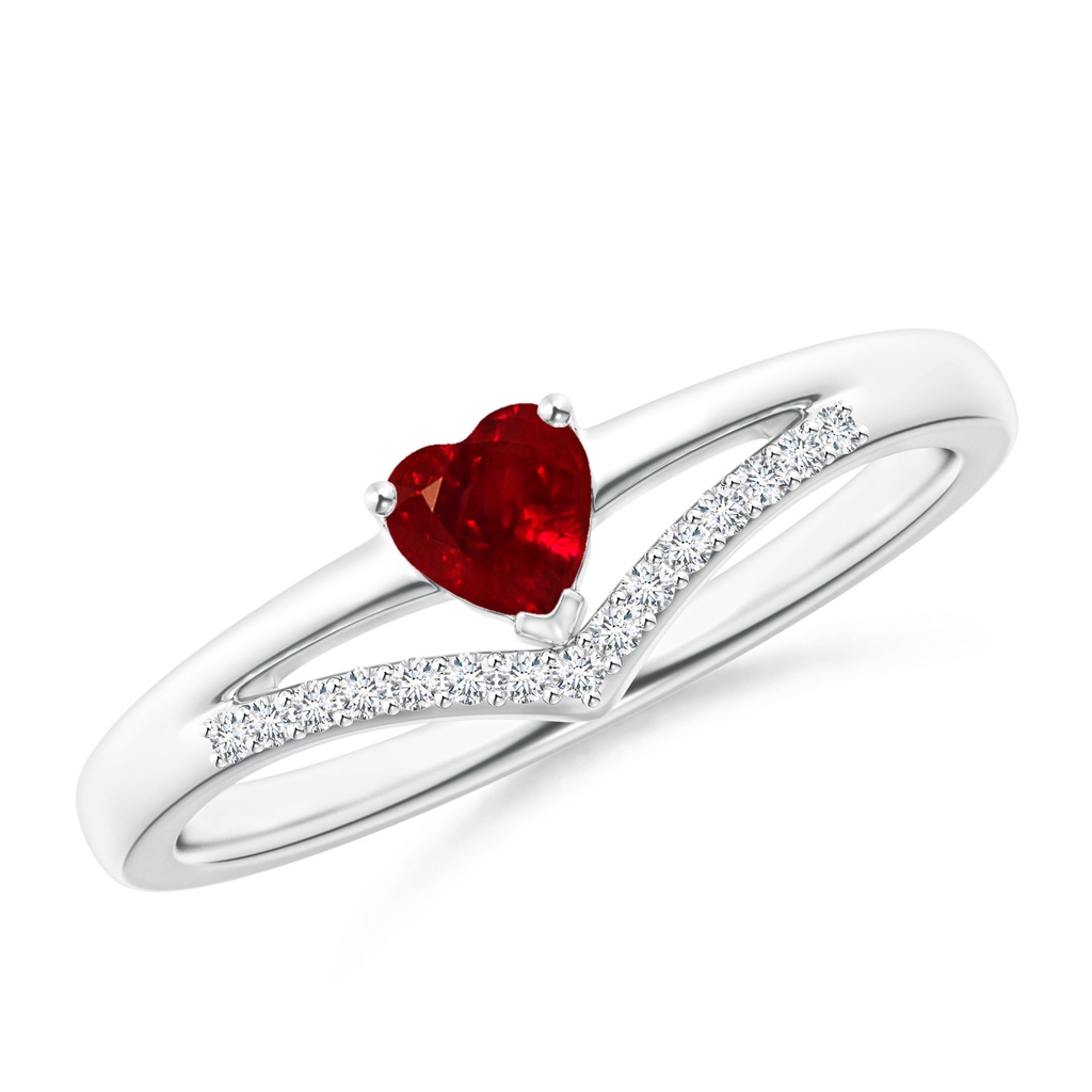 4mm AAAA Solitaire Heart Ruby and Diamond Chevron Ring in S999 Silver